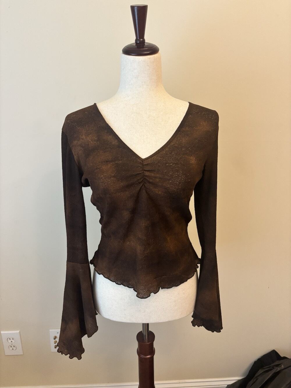 Comma Design Vintage Fairy Y2K Bell Sleeve Top Brown Tie Dye Boho Size S